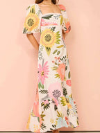 Floral Square Neck Puff Sleeve Maxi Dress with Ruffle Hem - Charmdeals