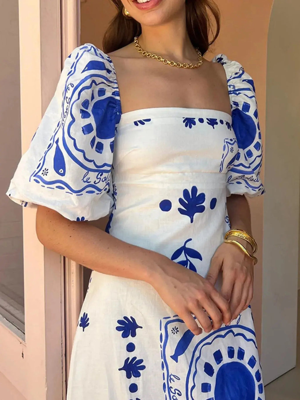 Floral Square Neck Puff Sleeve Maxi Dress with Ruffle Hem - Charmdeals