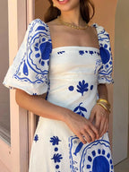 Floral Square Neck Puff Sleeve Maxi Dress with Ruffle Hem - Charmdeals