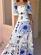 Floral Square Neck Puff Sleeve Maxi Dress with Ruffle Hem - Charmdeals