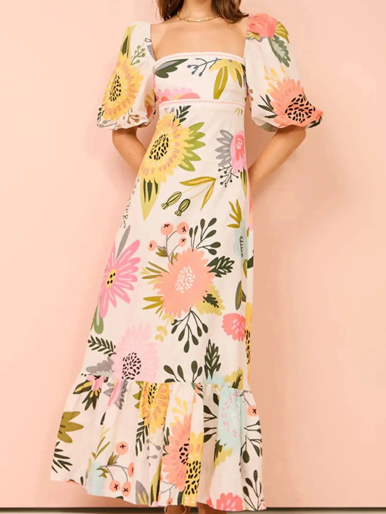 Floral Square Neck Puff Sleeve Maxi Dress with Ruffle Hem - Charmdeals