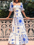 Floral Square Neck Puff Sleeve Maxi Dress with Ruffle Hem - Charmdeals