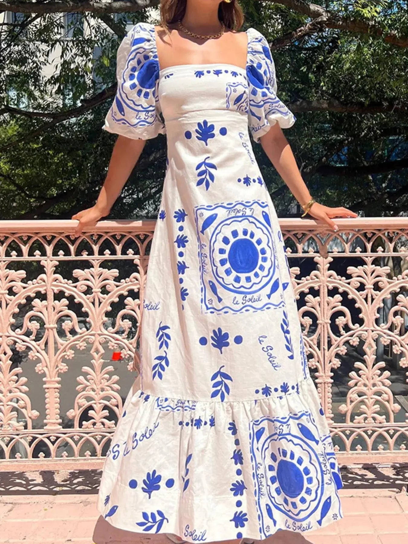 Floral Square Neck Puff Sleeve Maxi Dress with Ruffle Hem - Charmdeals