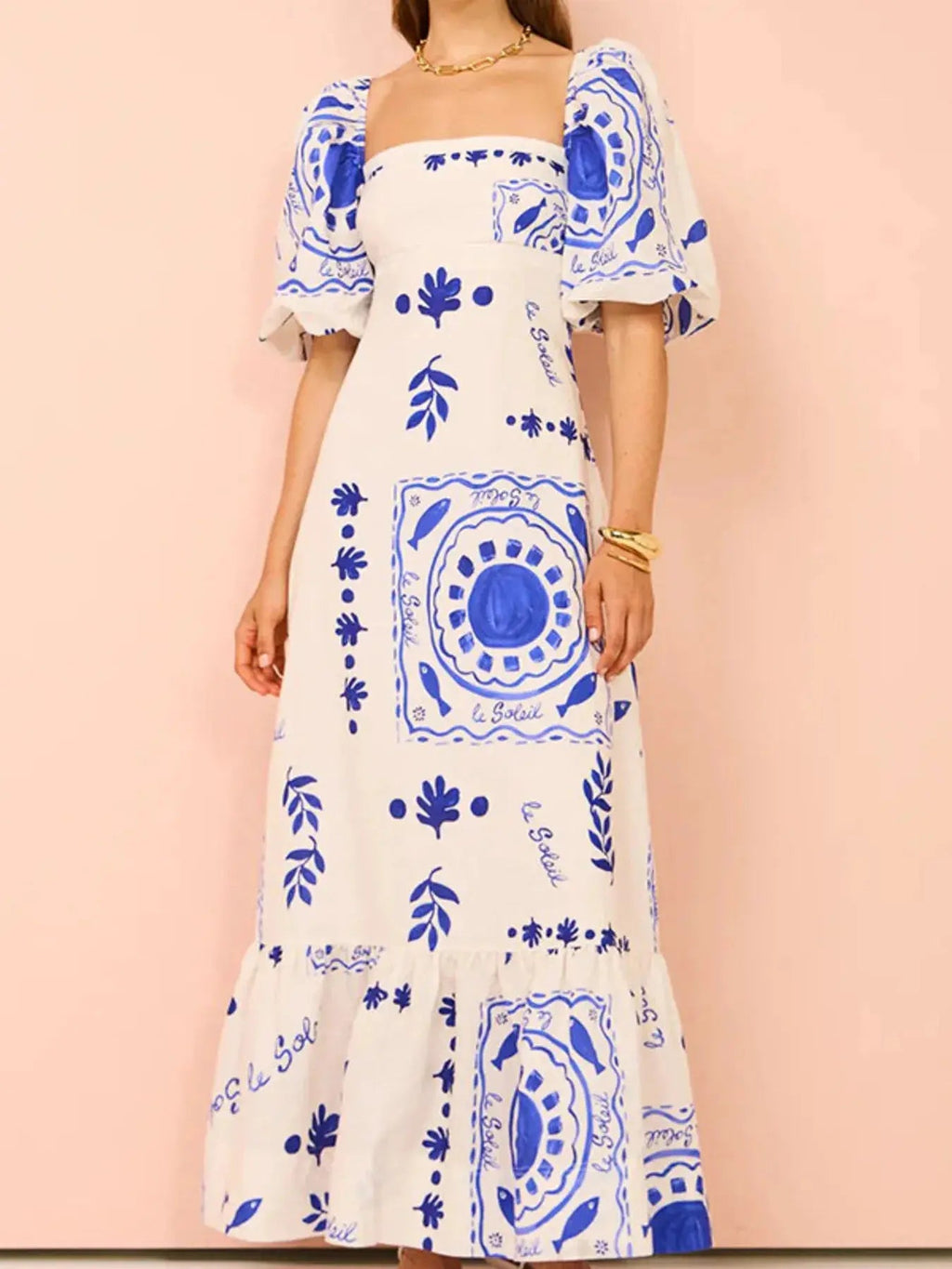 Floral Square Neck Puff Sleeve Maxi Dress with Ruffle Hem - Charmdeals