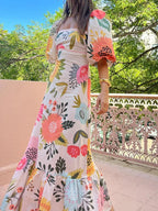 Floral Square Neck Puff Sleeve Maxi Dress with Ruffle Hem - Charmdeals
