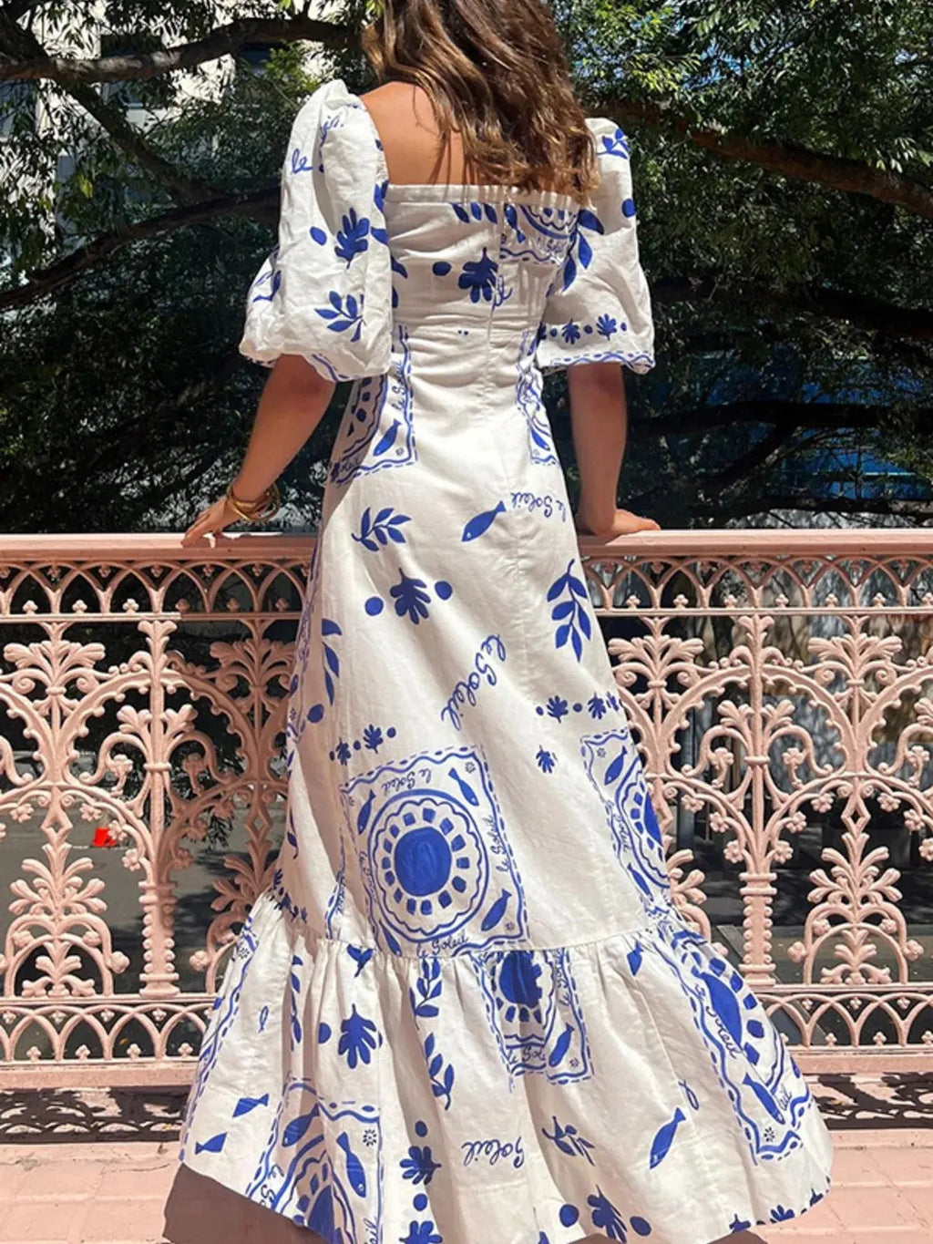 Floral Square Neck Puff Sleeve Maxi Dress with Ruffle Hem - Charmdeals