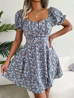 Floral Sweetheart Neck Flounce Sleeve Mini Dress - Charmdeals