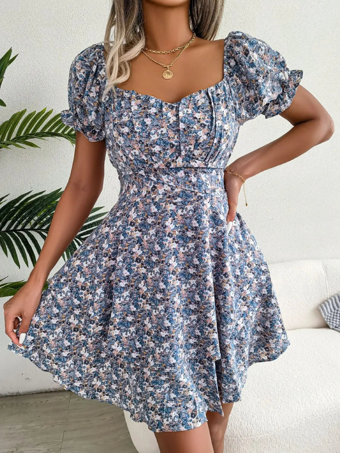 Floral Sweetheart Neck Flounce Sleeve Mini Dress - Charmdeals