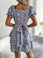 Floral Sweetheart Neck Flounce Sleeve Mini Dress - Charmdeals