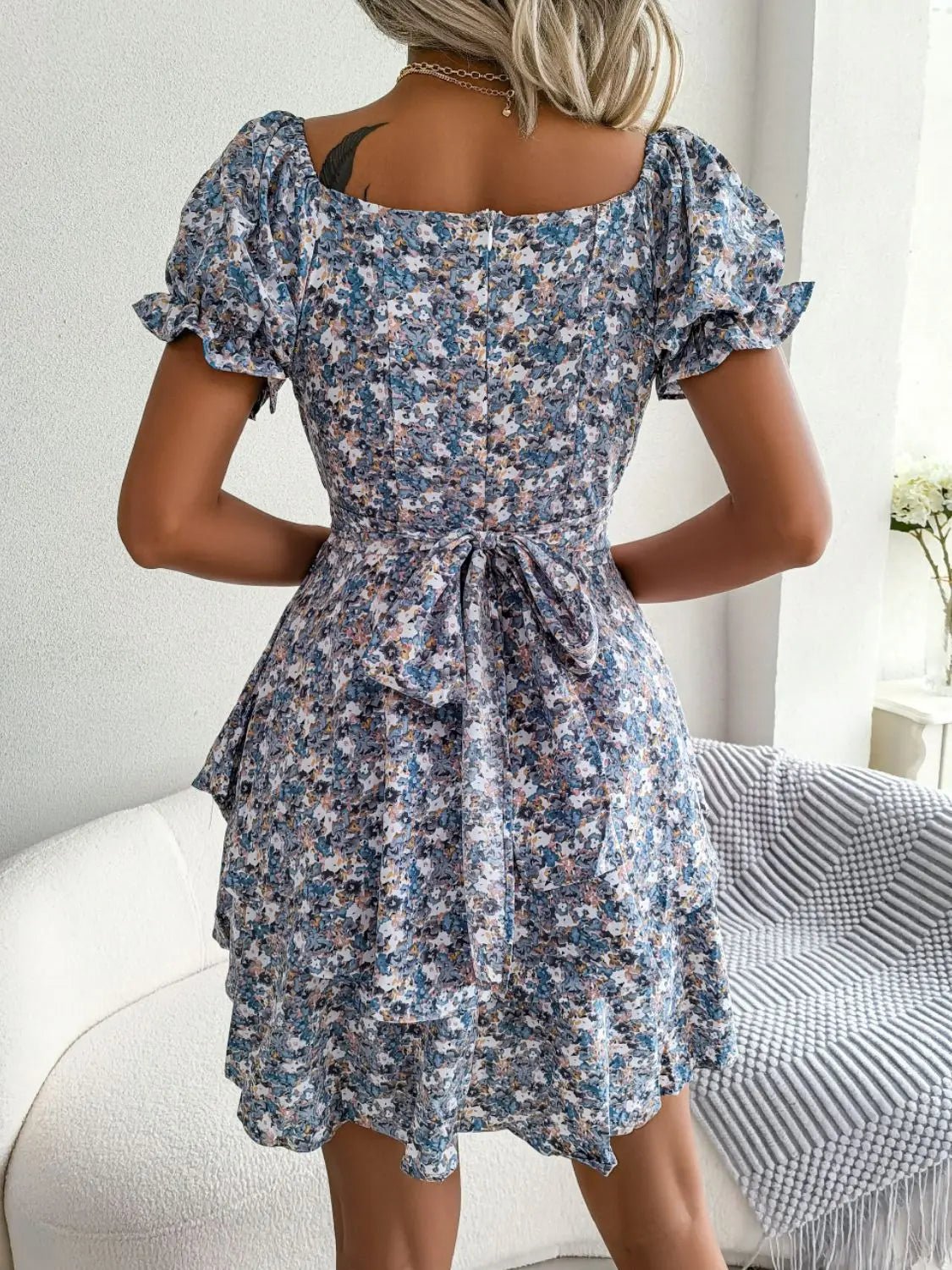 Floral Sweetheart Neck Flounce Sleeve Mini Dress - Charmdeals