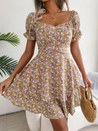 Floral Sweetheart Neck Flounce Sleeve Mini Dress - Charmdeals