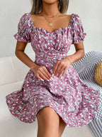 Floral Sweetheart Neck Flounce Sleeve Mini Dress - Charmdeals
