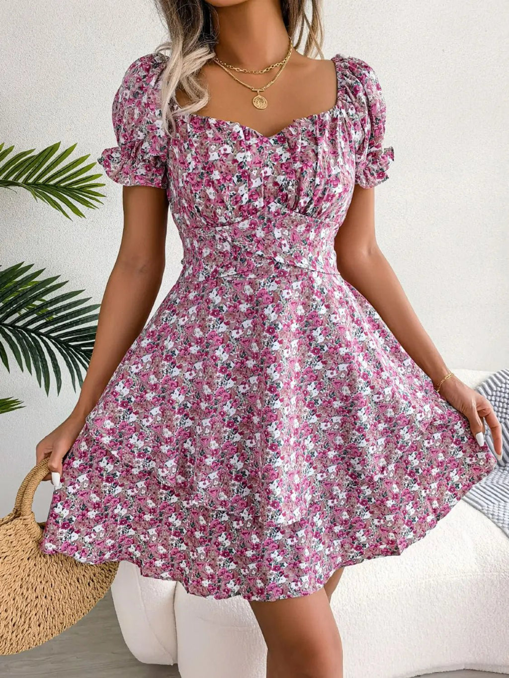 Floral Sweetheart Neck Flounce Sleeve Mini Dress - Charmdeals
