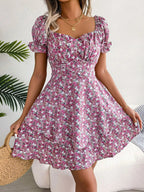 Floral Sweetheart Neck Flounce Sleeve Mini Dress - Charmdeals