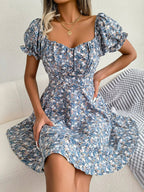 Floral Sweetheart Neck Flounce Sleeve Mini Dress - Charmdeals