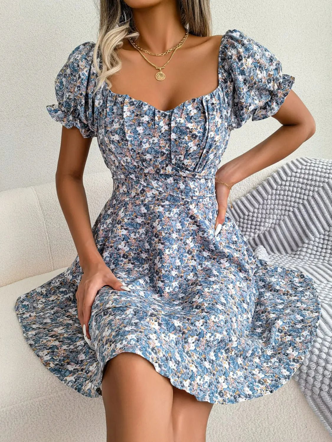 Floral Sweetheart Neck Flounce Sleeve Mini Dress - Charmdeals