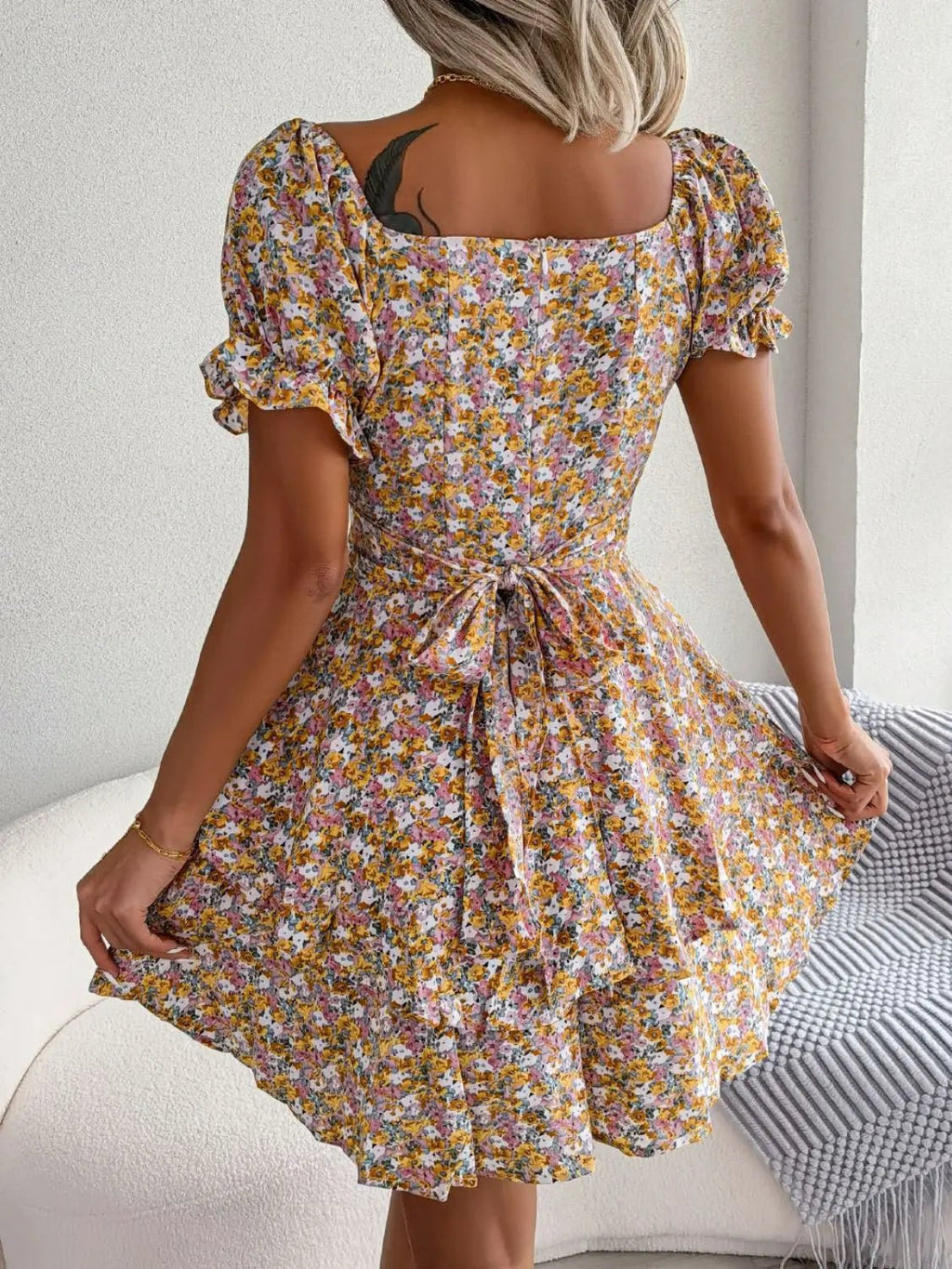 Floral Sweetheart Neck Flounce Sleeve Mini Dress - Charmdeals