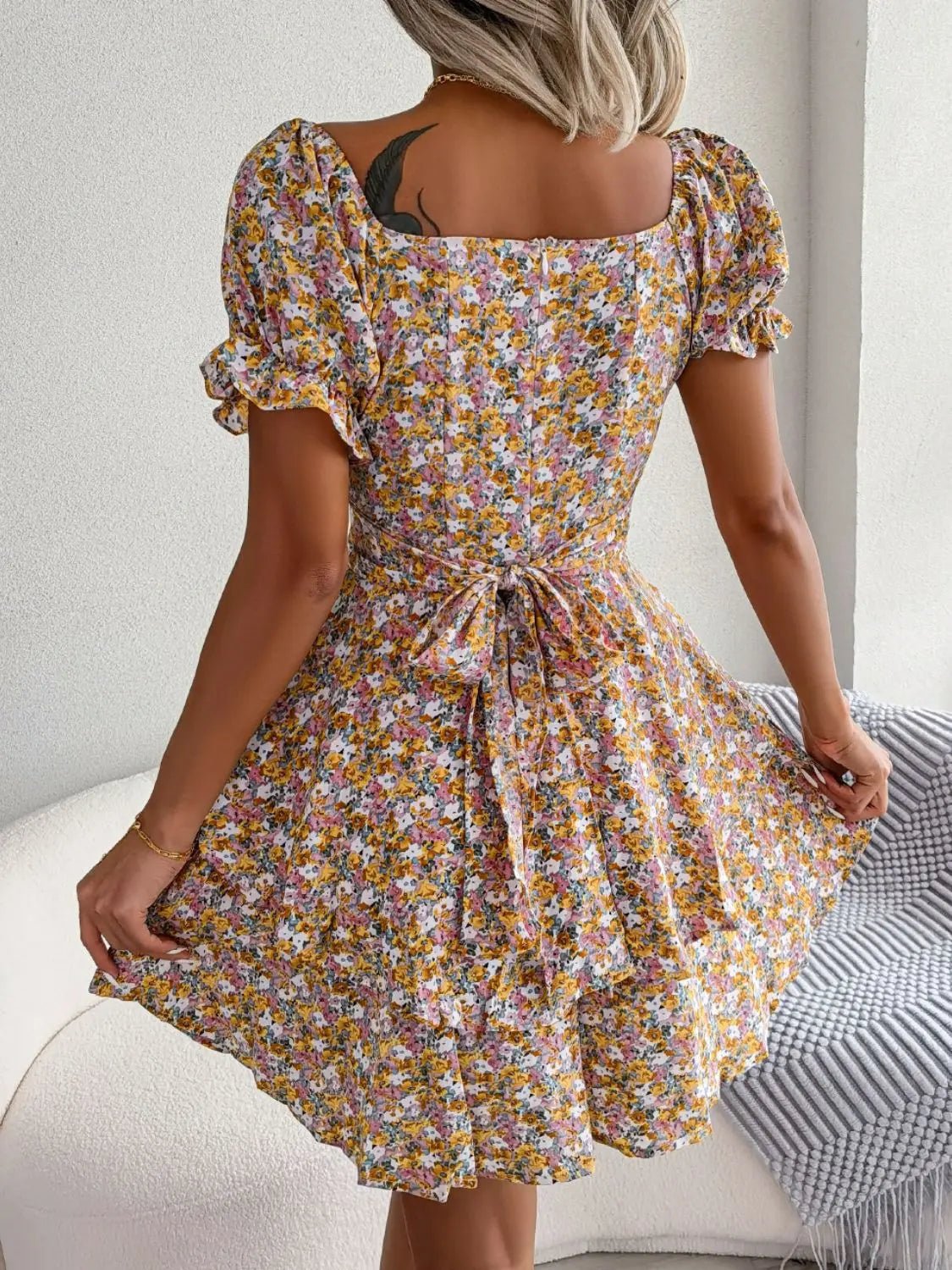Floral Sweetheart Neck Flounce Sleeve Mini Dress - Charmdeals