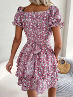 Floral Sweetheart Neck Flounce Sleeve Mini Dress - Charmdeals
