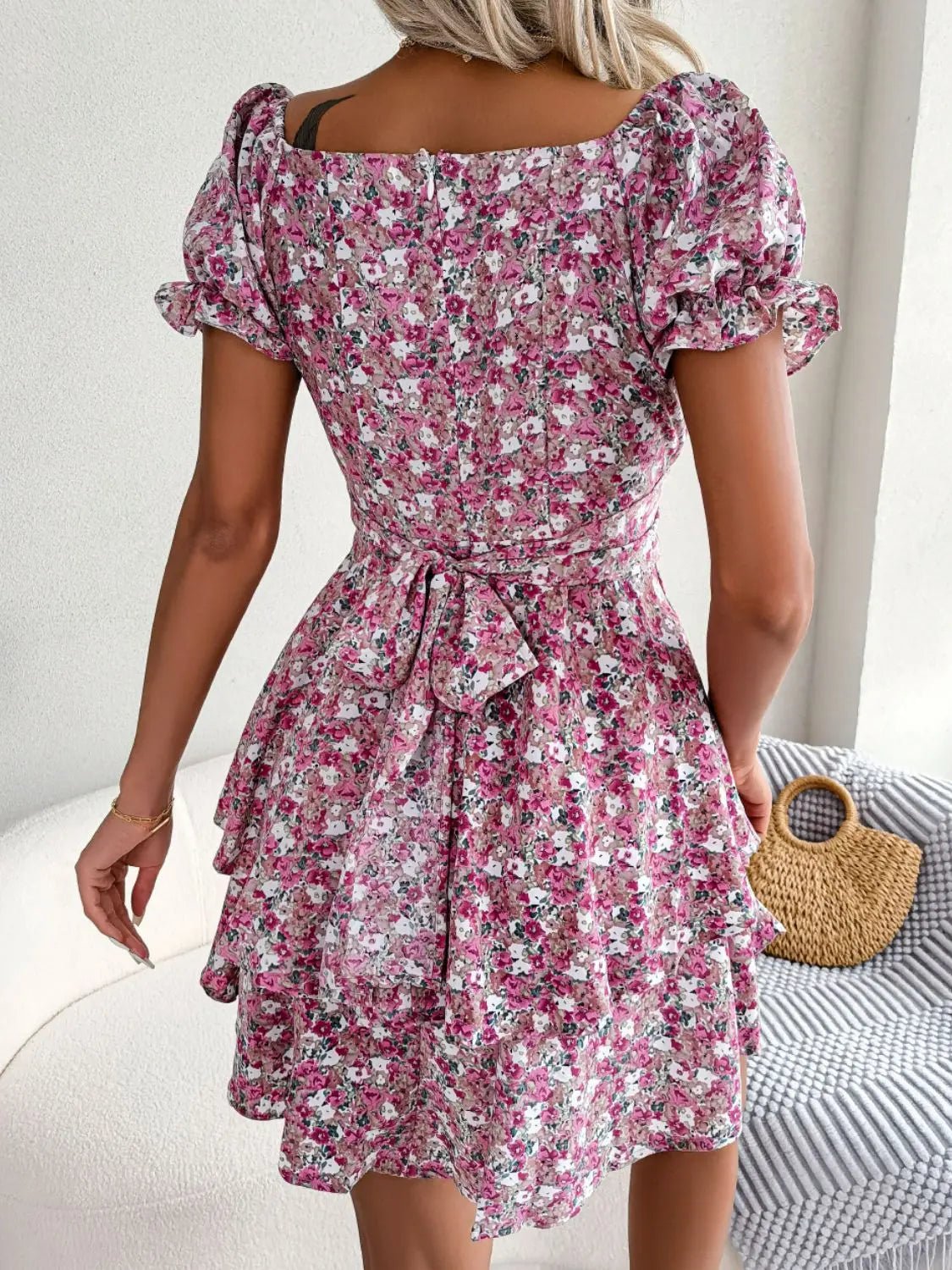 Floral Sweetheart Neck Flounce Sleeve Mini Dress - Charmdeals