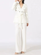 Flower Long Sleeve Blazer and Pants Set - Charmdeals