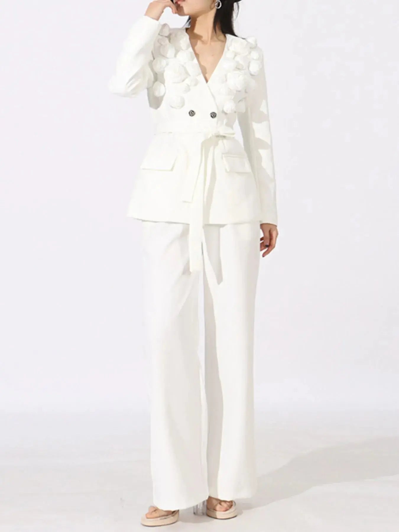 Flower Long Sleeve Blazer and Pants Set - Charmdeals
