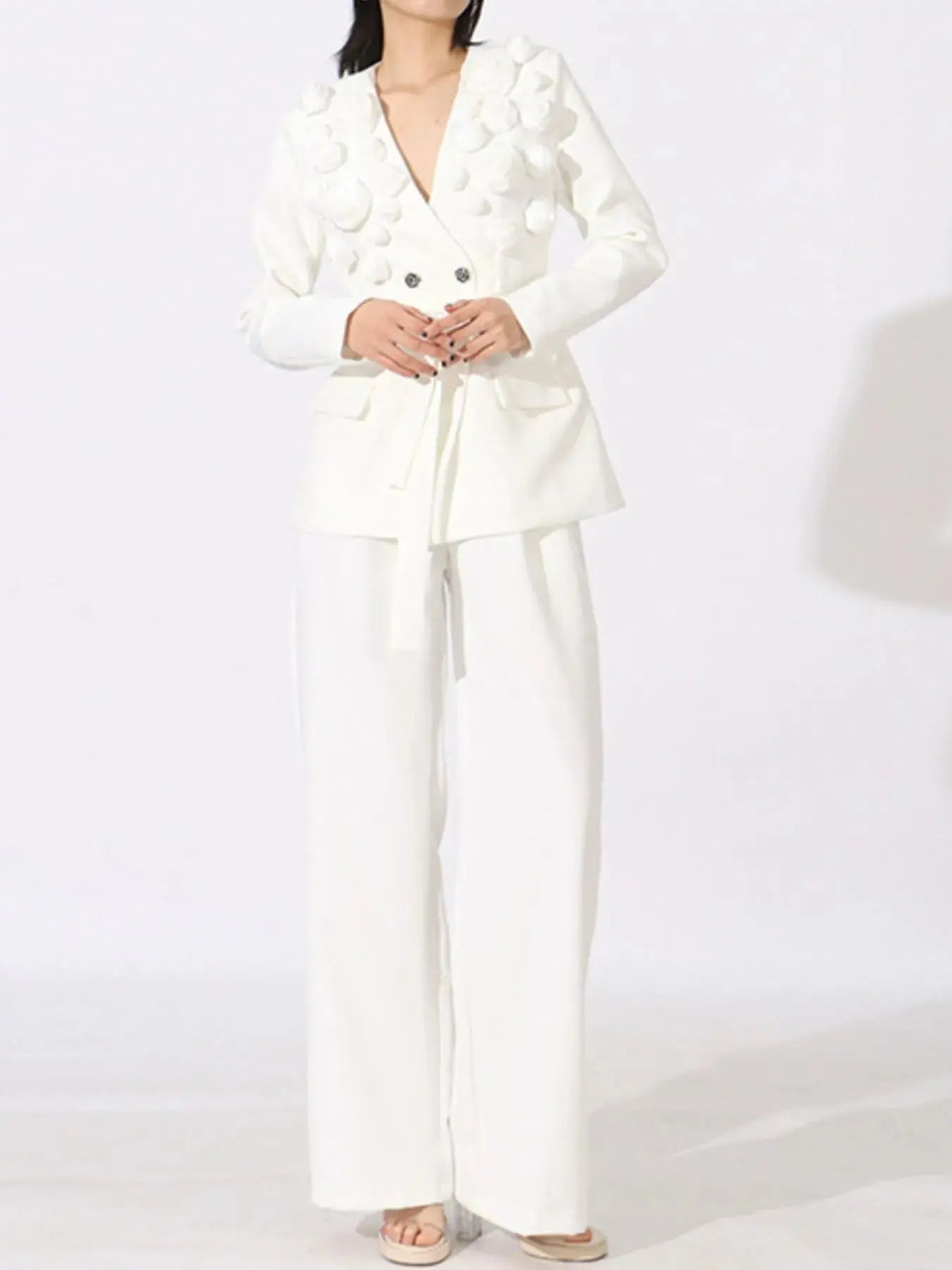Flower Long Sleeve Blazer and Pants Set - Charmdeals
