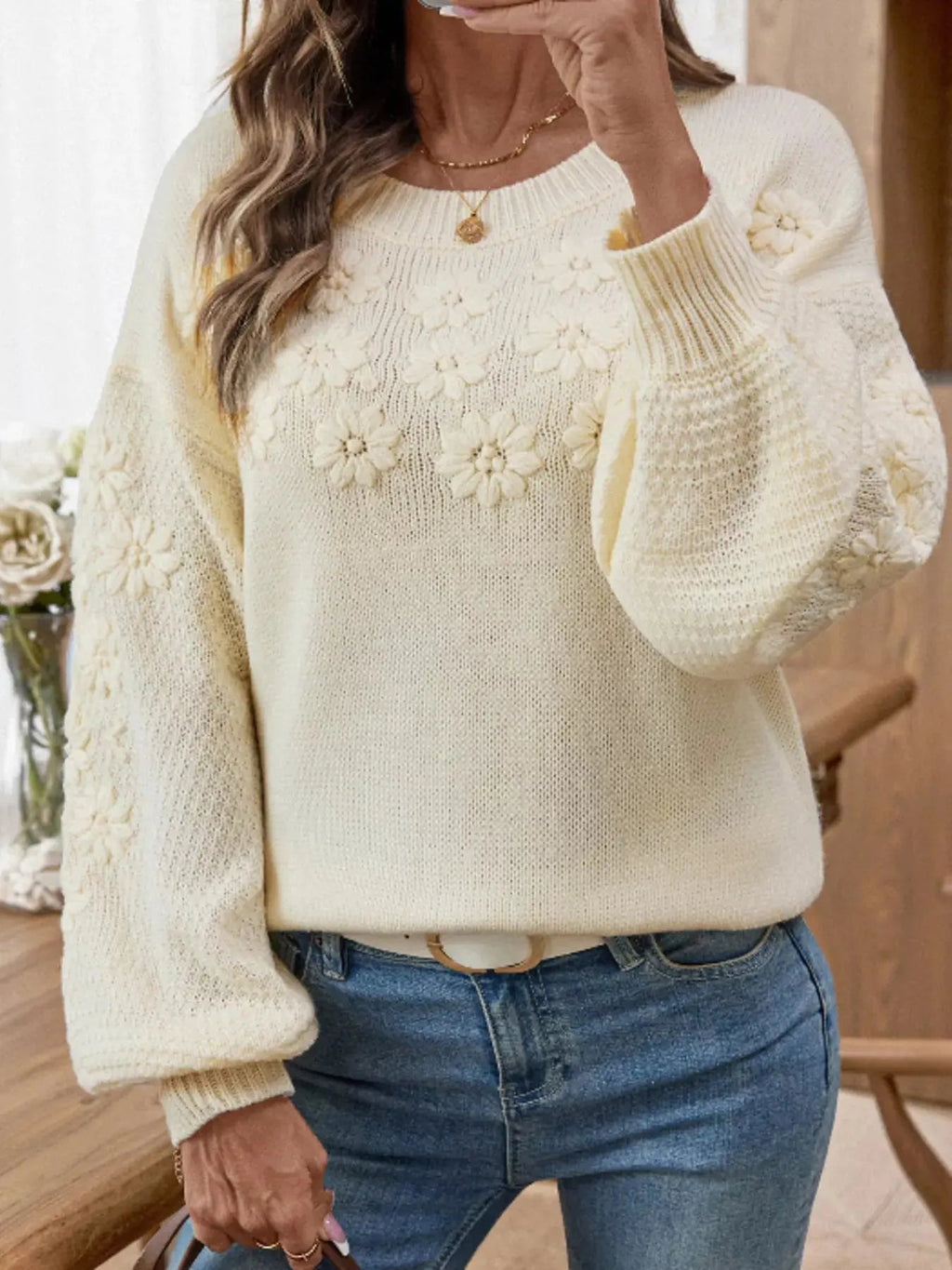 Flower Round Neck Long Sleeve Sweater - Charmdeals