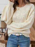 Flower Round Neck Long Sleeve Sweater - Charmdeals