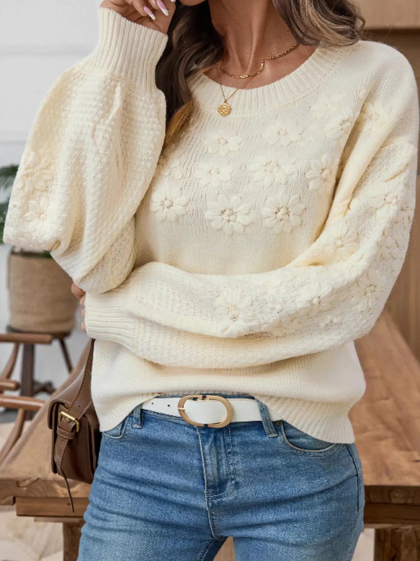 Flower Round Neck Long Sleeve Sweater - Charmdeals