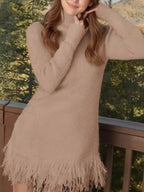 Fringe Turtleneck Long Sleeve Sweater Dress - Charmdeals