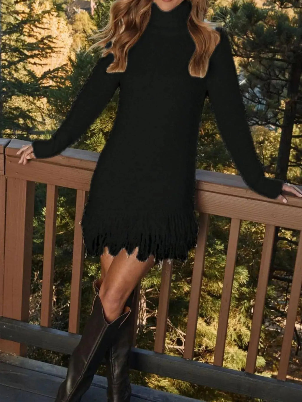 Fringe Turtleneck Long Sleeve Sweater Dress - Charmdeals