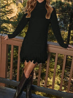 Fringe Turtleneck Long Sleeve Sweater Dress - Charmdeals