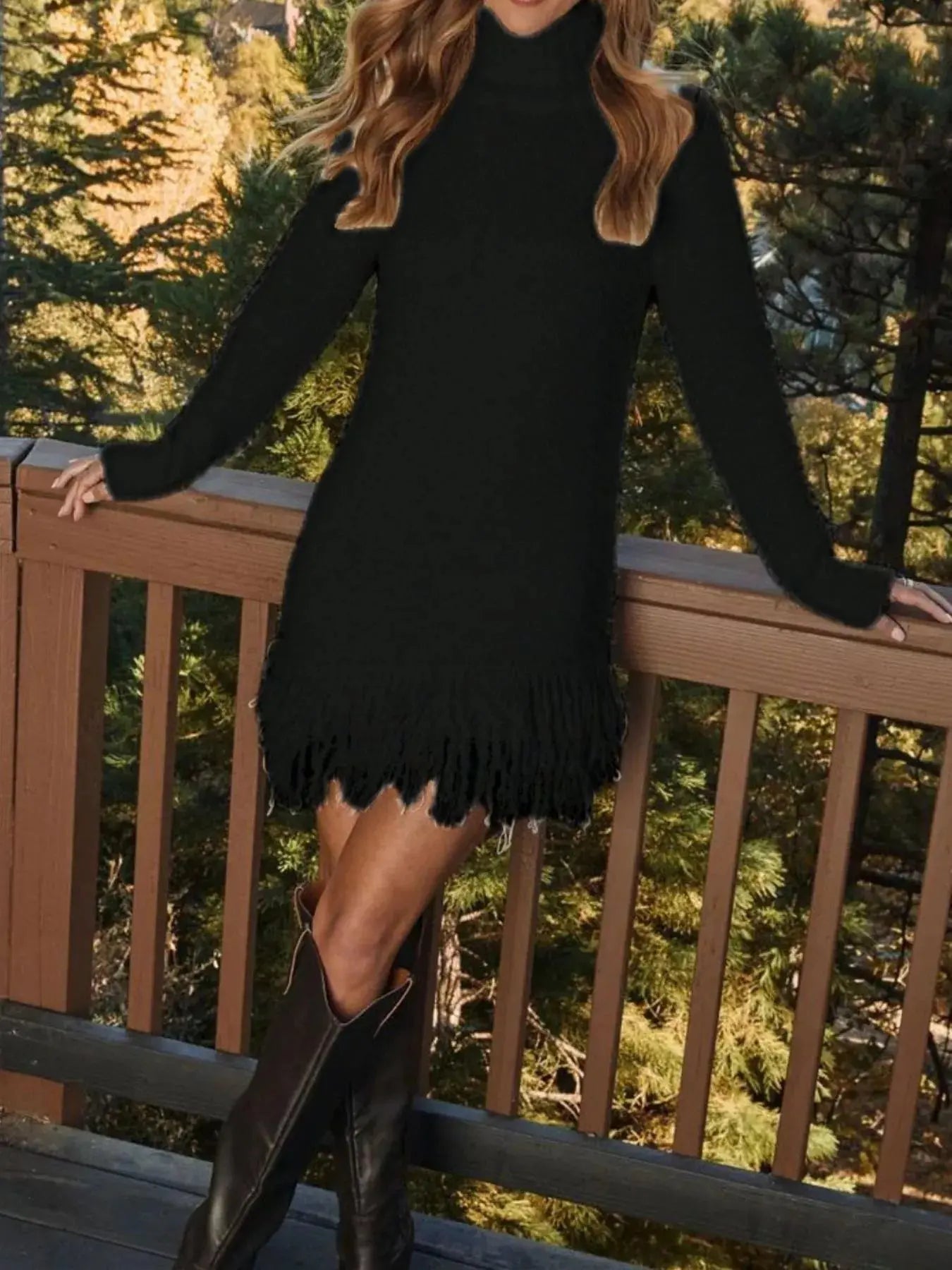 Fringe Turtleneck Long Sleeve Sweater Dress - Charmdeals