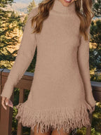 Fringe Turtleneck Long Sleeve Sweater Dress - Charmdeals