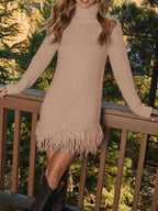 Fringe Turtleneck Long Sleeve Sweater Dress - Charmdeals