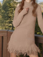 Fringe Turtleneck Long Sleeve Sweater Dress - Charmdeals