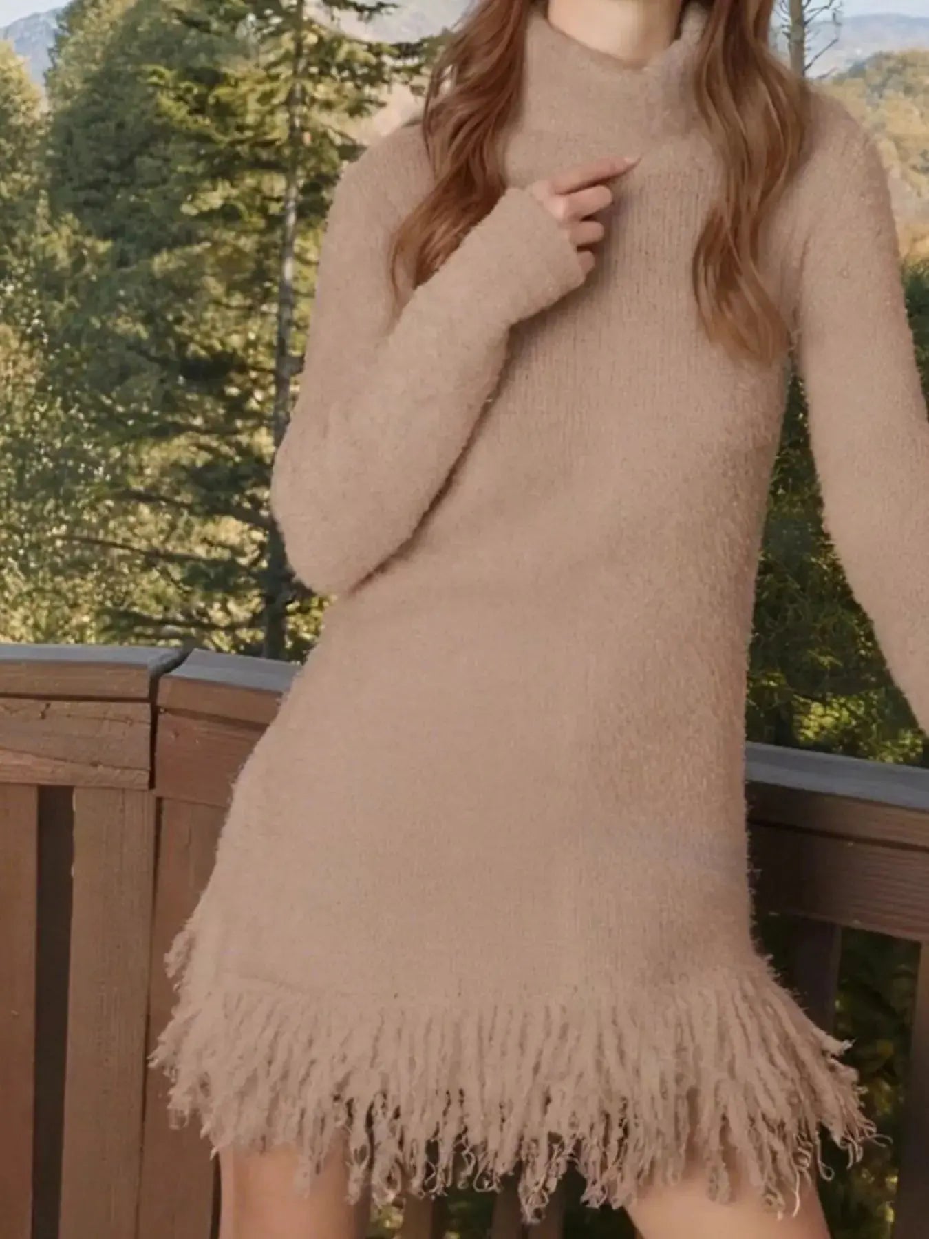 Fringe Turtleneck Long Sleeve Sweater Dress - Charmdeals