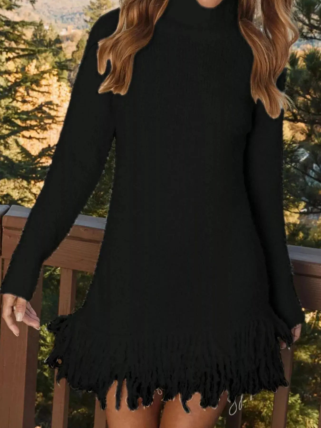 Fringe Turtleneck Long Sleeve Sweater Dress - Charmdeals