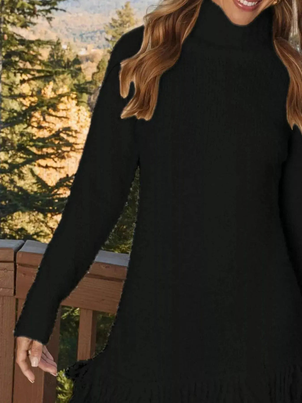 Fringe Turtleneck Long Sleeve Sweater Dress - Charmdeals