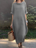 Full Size Casual Loose Fit Round Neck Midi Dress Plus Size - Charmdeals