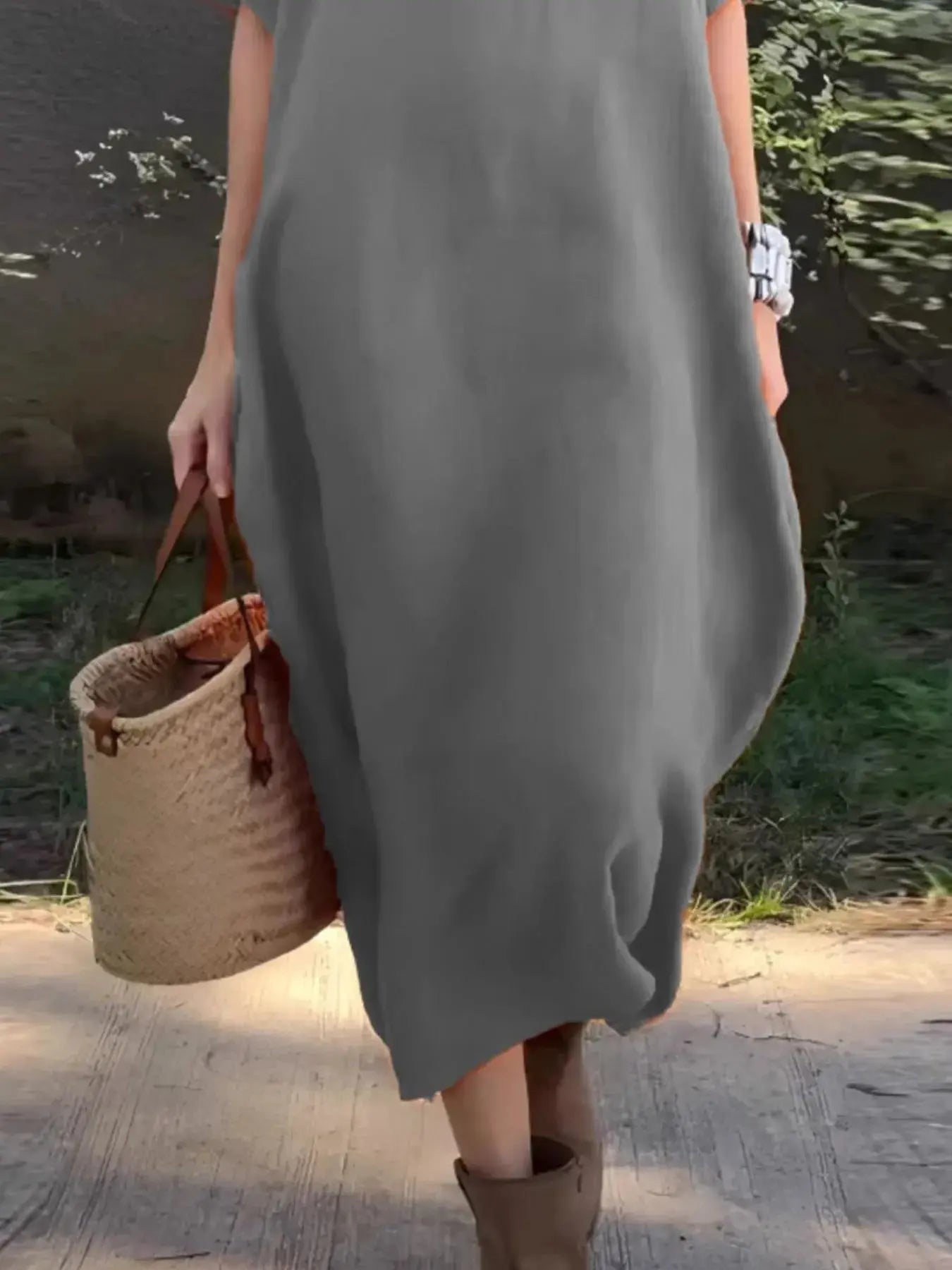 Full Size Casual Loose Fit Round Neck Midi Dress Plus Size - Charmdeals