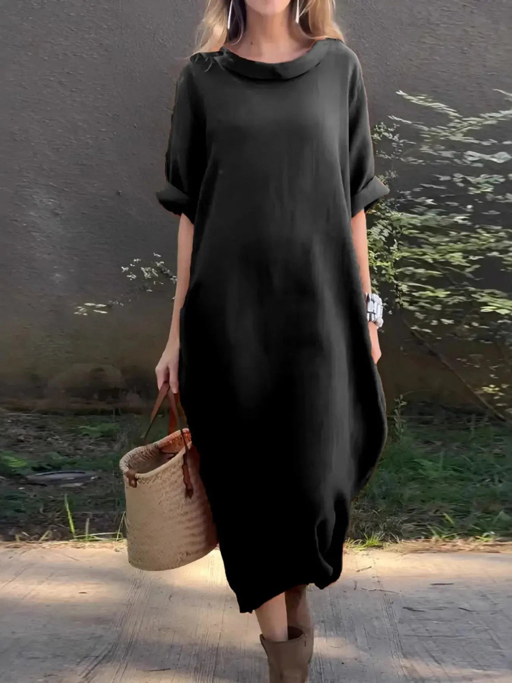 Full Size Casual Loose Fit Round Neck Midi Dress Plus Size - Charmdeals