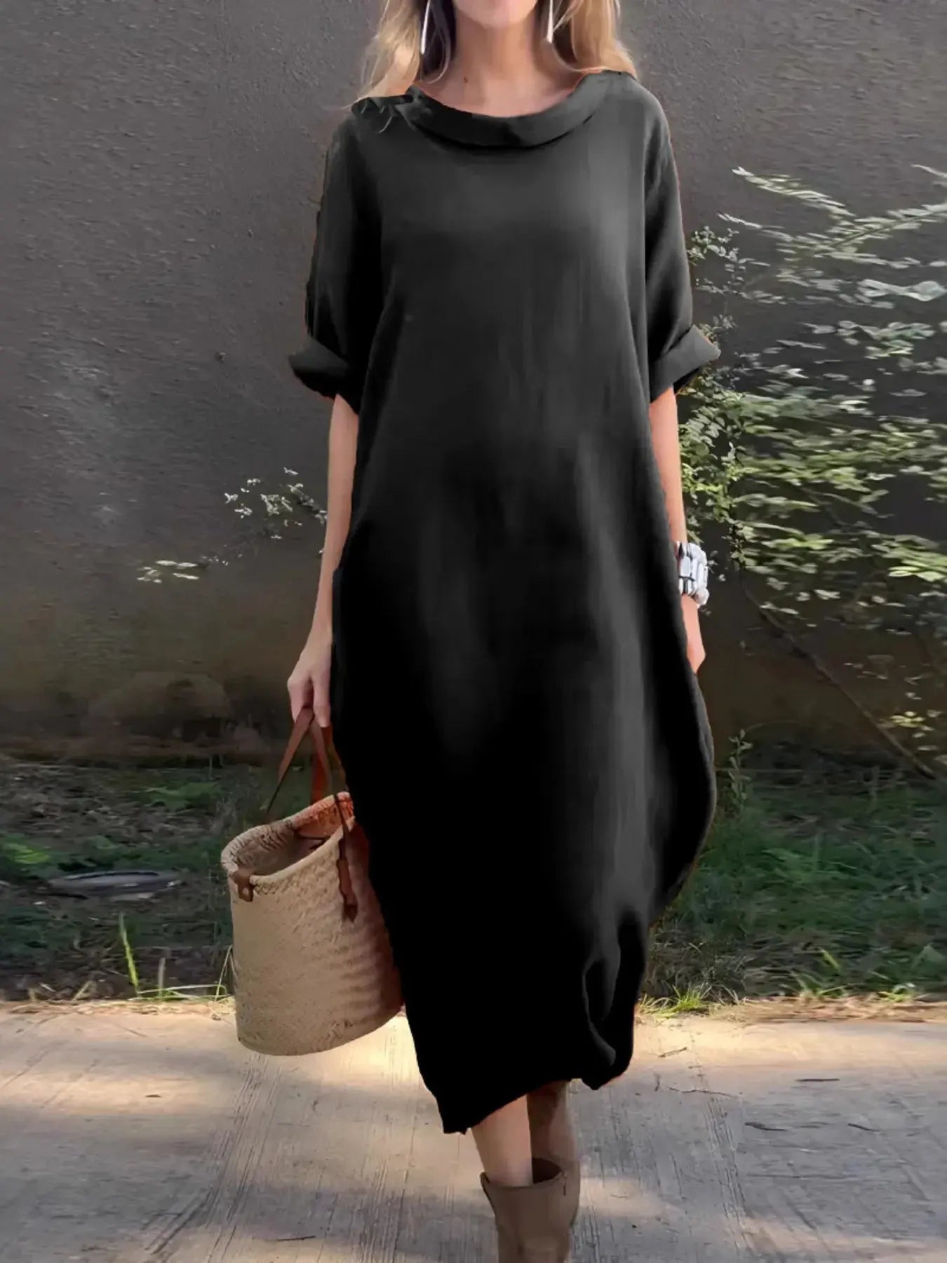 Full Size Casual Loose Fit Round Neck Midi Dress Plus Size - Charmdeals