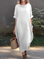Full Size Casual Loose Fit Round Neck Midi Dress Plus Size - Charmdeals