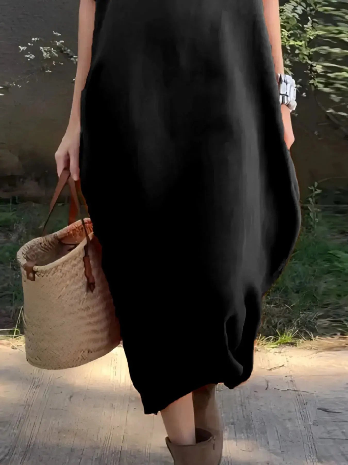 Full Size Casual Loose Fit Round Neck Midi Dress Plus Size - Charmdeals