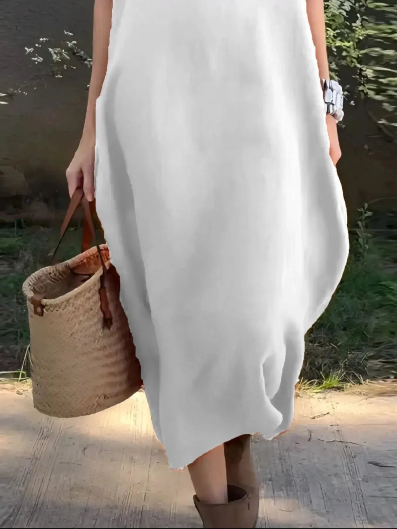 Full Size Casual Loose Fit Round Neck Midi Dress Plus Size - Charmdeals