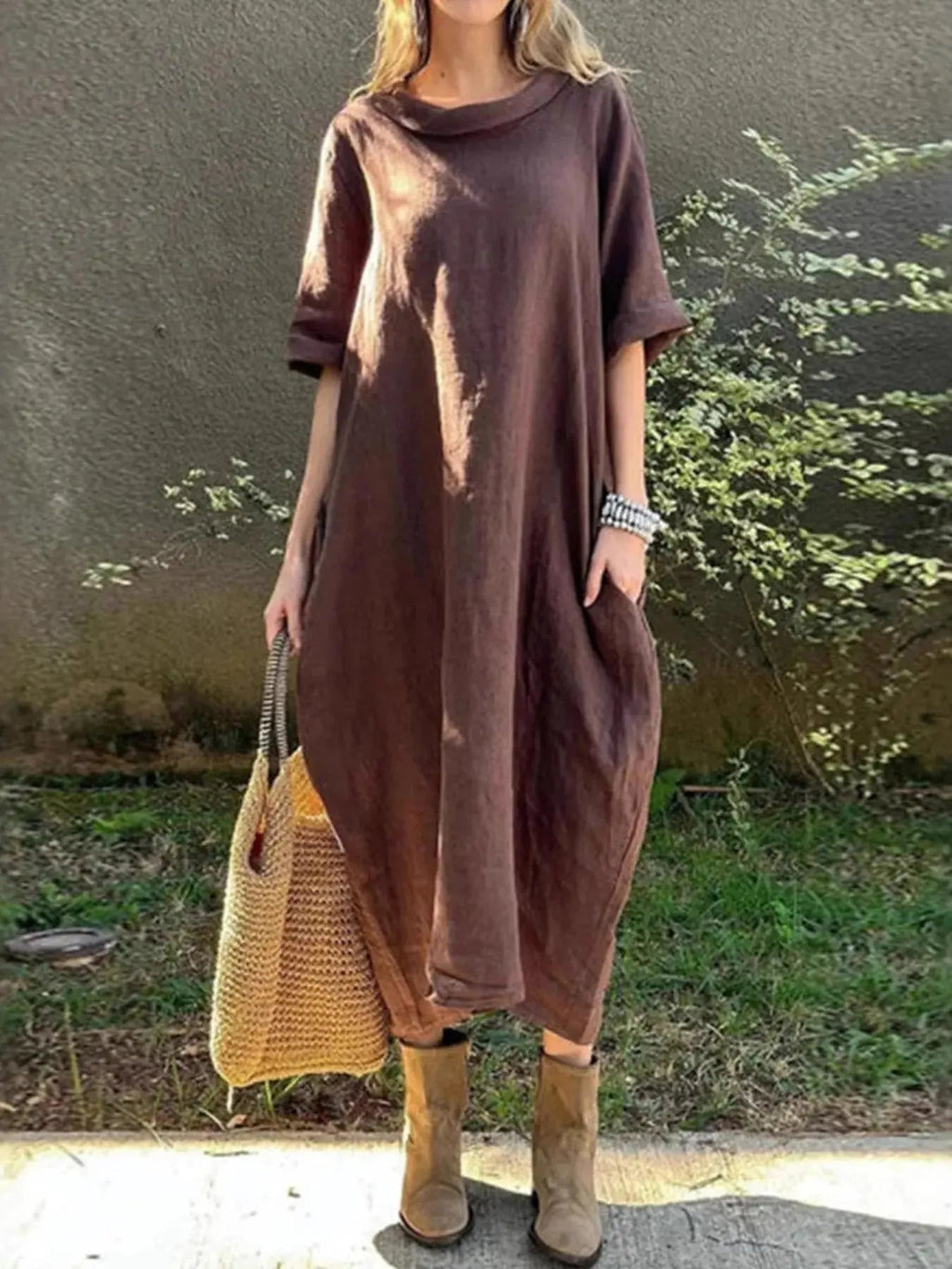 Full Size Casual Loose Fit Round Neck Midi Dress Plus Size - Charmdeals