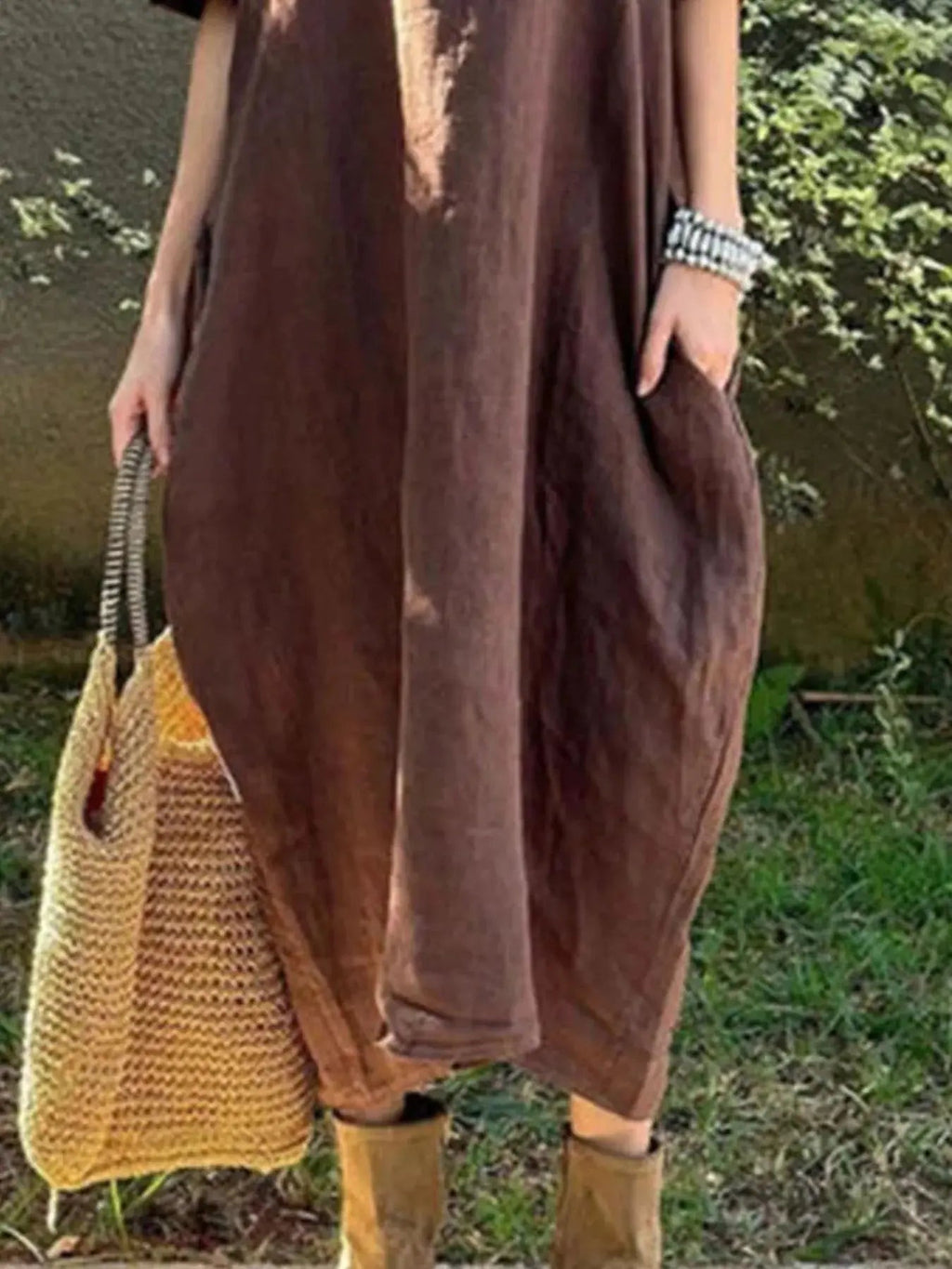 Full Size Casual Loose Fit Round Neck Midi Dress Plus Size - Charmdeals
