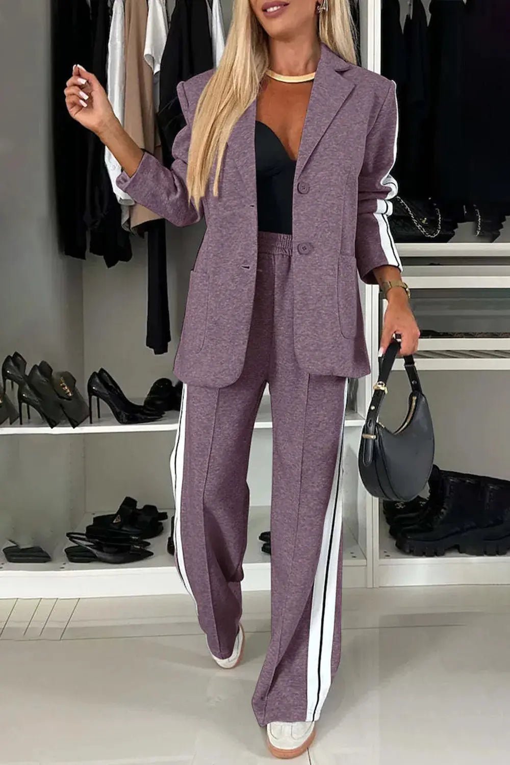 Full Size Contrast Lapel Collar Top and Pants Set - Charmdeals